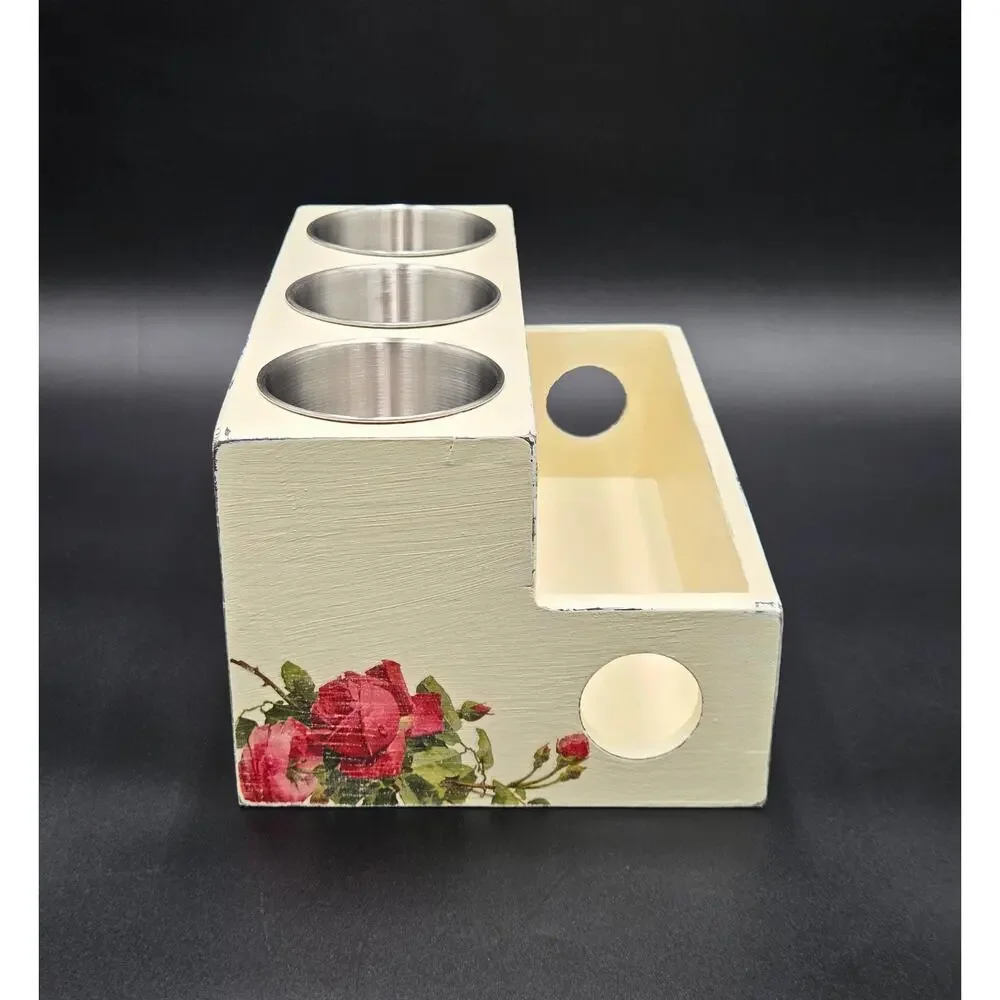 Cream Floral Wooden Desk Organizer – 3 Metal Cups & Front Storage Slot